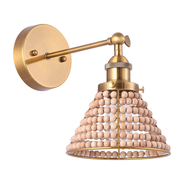 1-Light Modern Golden Wall Scone Light with Wooden Beads